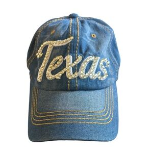 Women’s Blue Denim Embellished with White Lettering TEXAS Baseball Hat NEW